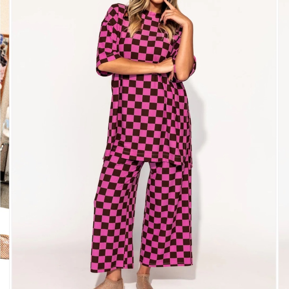 Dressed in LaLa Lex Ribbed Checkerboard Playsuit in Sunset Boulevard Pink+Brown
